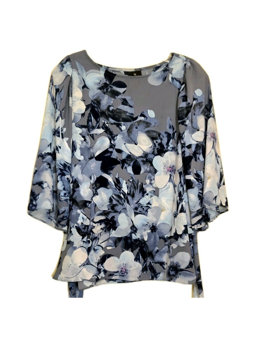 Worthington Blouse 3/4 Sleeve Blue Grey Floral Women’s Medium Flutter Tie Sleeve